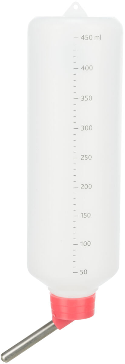 Weiße Flasche mit rotem Verschluss und Metallröhrchen, Fassungsvermögen 450 ml, Messskala an der Seite.