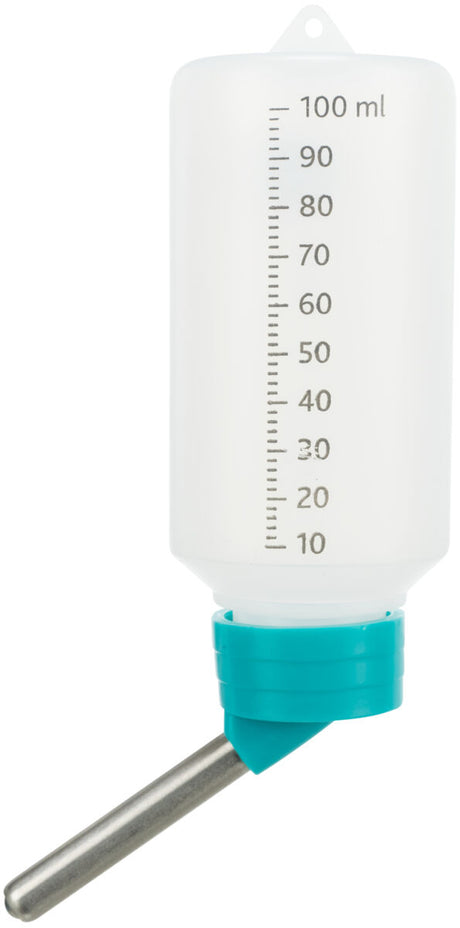 Transparente Kunststoffflasche mit Skala bis 100 ml, blauer Verschluss, unten mit Metallröhrchen.