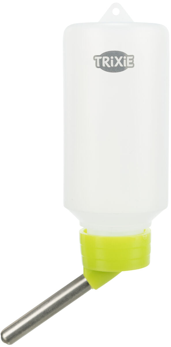 Trinkflasche für Kleintiere aus weiße Kunststoff mit grünem Deckel und Metalltrinkrohr, Logo "Trixie".