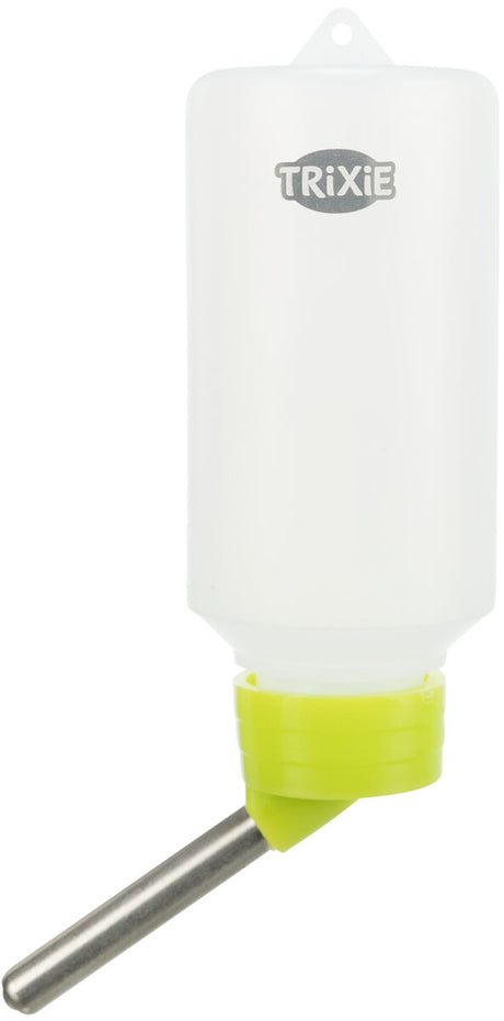 Trinkflasche für Kleintiere aus weiße Kunststoff mit grünem Deckel und Metalltrinkrohr, Logo "Trixie".