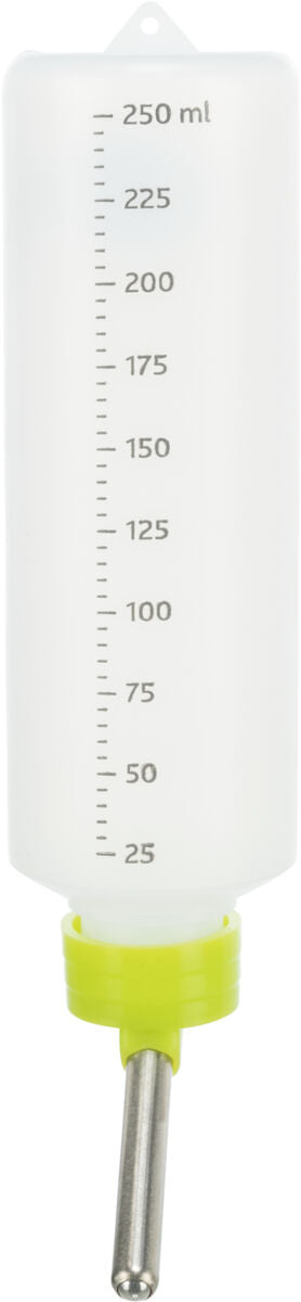 Transparente Flasche mit Messskala bis 250 ml und grünem Deckel, unten Metallauslauf.
