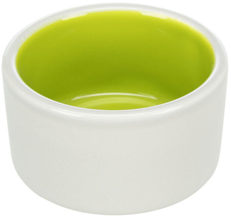 Weiße Schüssel mit limettengrüner Innenseite, zylindrische Form, glatte Oberfläche.