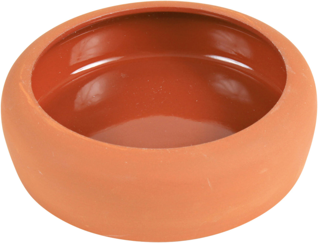 Runde, flache Schale aus braunem Terracotta-Material mit glänzender Innenseite.