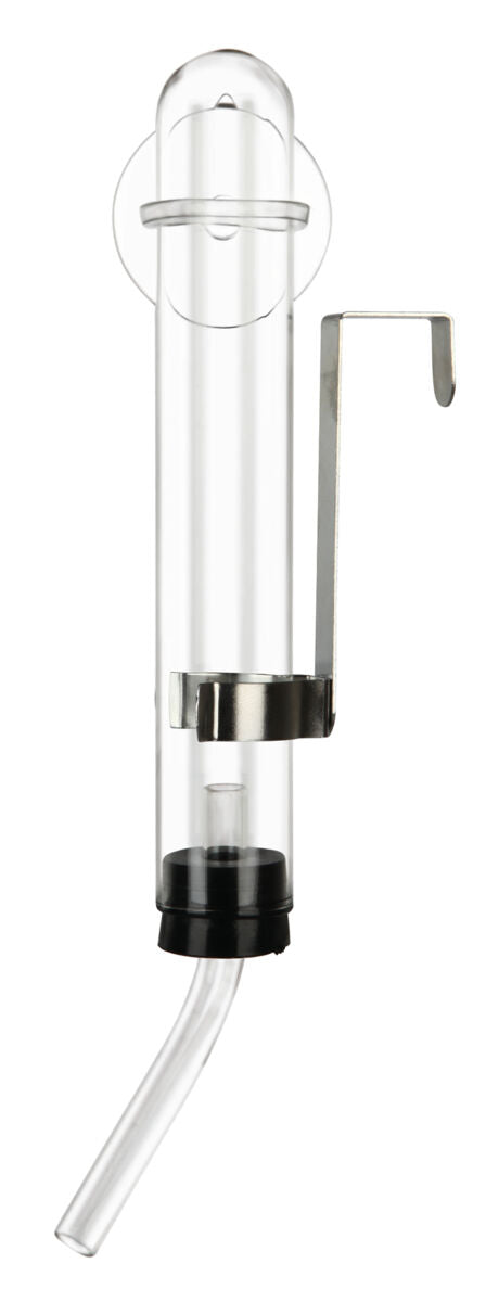 Durchsichtiger, zylindrischer Glasbehälter mit gebogenem Auslauf und Metallhalterung, vertikal ausgerichtet.