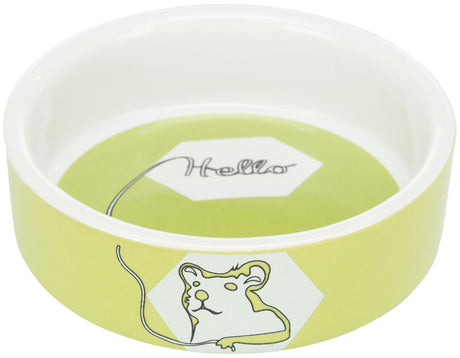 Runde, grün-weiße Schale mit Mauszeichnung und dem Text "Hello" im Inneren.