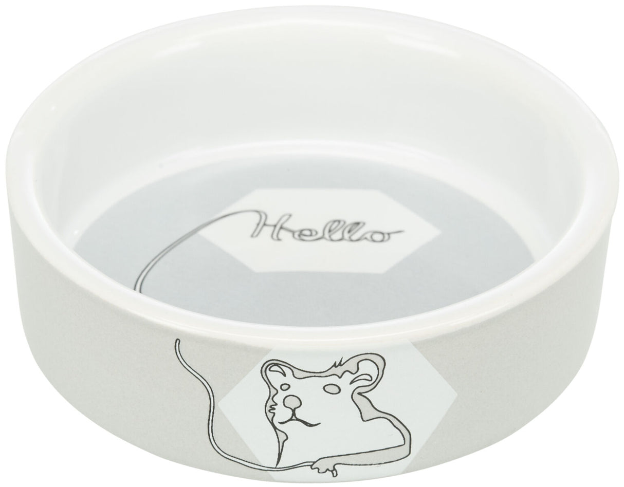 Weiße Schale mit einem grauen Sechseck und der Aufschrift "Hello", verziert mit einer Zeichnung einer Maus.