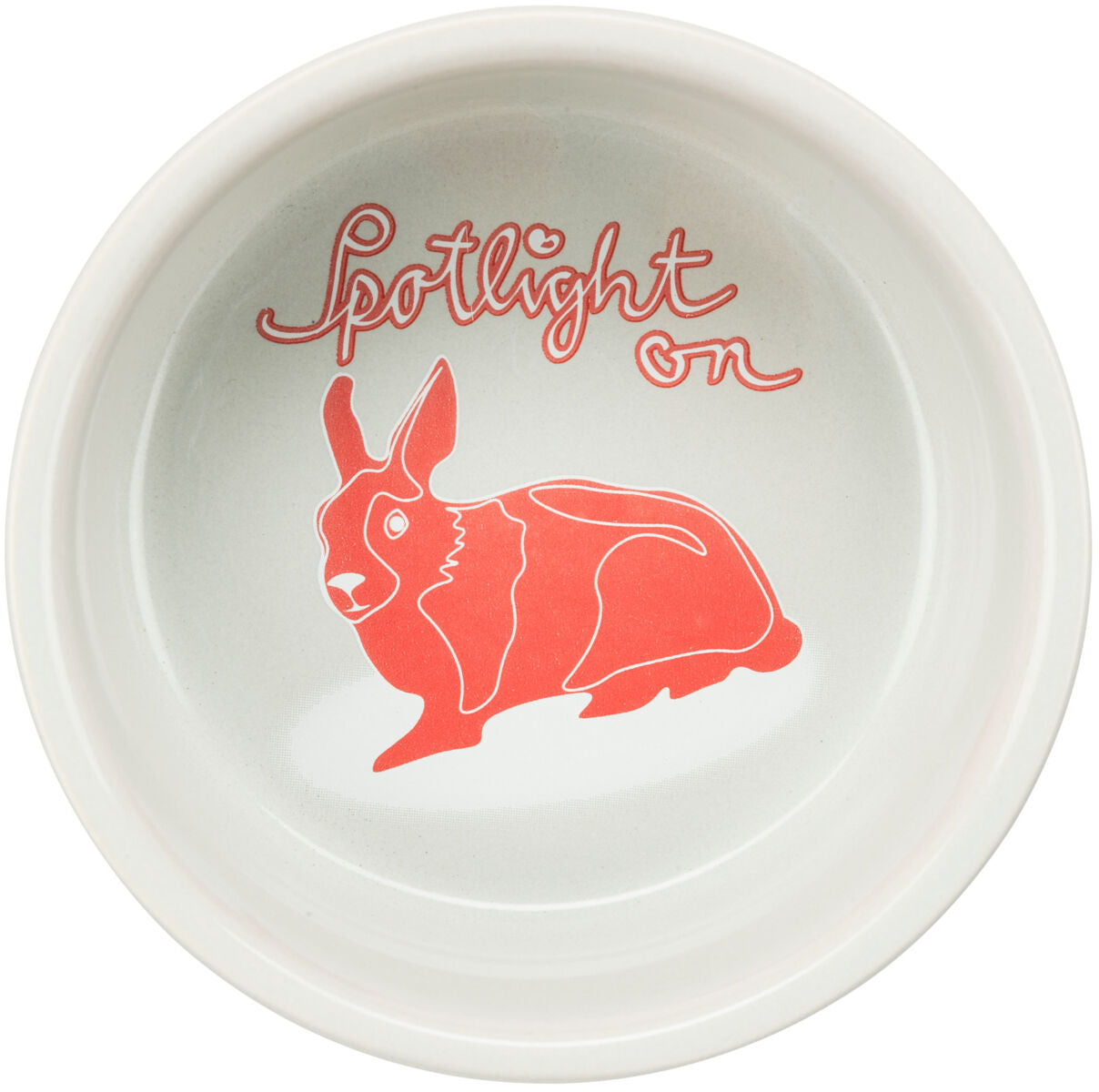 Keramikschale mit rotem Hasenmotiv und Schriftzug "Spotlight on", in hellen Tönen gestaltet.