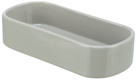 Graues, rechteckiges Behältnis mit abgerundeten Kanten aus keramikartigem Material, flach und offen.
