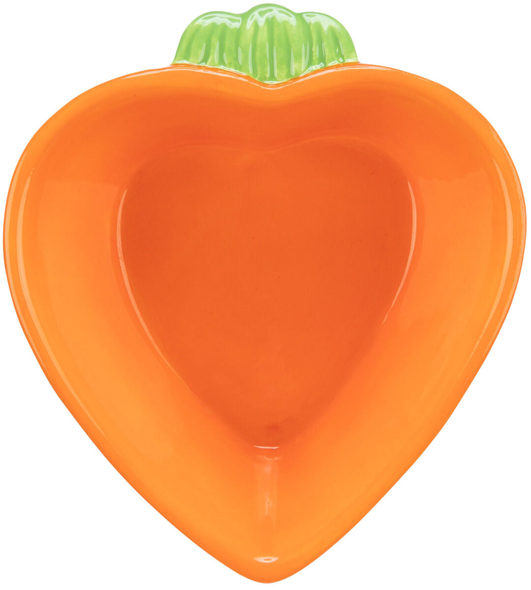 Orange, herzförmige Schale mit grünem Blattmuster am Rand, glänzende Oberfläche.