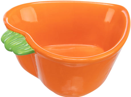 Orangefarbene, herzförmige Schale mit grünem Blattelement auf der Seite.