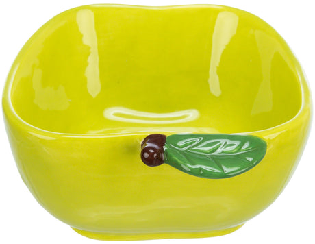Gelbe Keramikschale mit grüner Blattverzierung und braunem Detail an der Seite.