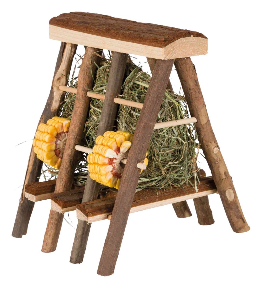 Holzgestell mit senkrechten Stäben, gefüllt mit Heu und zwei gelben Maiskolben an den Seiten befestigt.