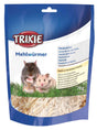 Tüte mit der Aufschrift „Trixie Mehlwürmer”, Bild von Kleintieren, enthält getrocknete Würmer, 70g, blau-weiße Verpackung.