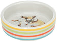 Bunte Futterschale mit Streifen in Gelb, Orange, Grün und Blau; Innen ein Bild eines Hamsters.