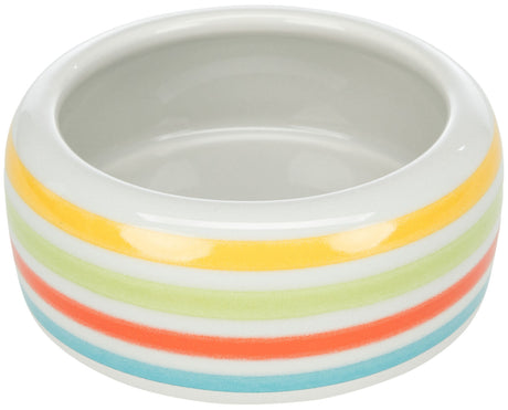 Weiße Schale mit bunten horizontalen Streifen in Gelb, Grün, Orange und Blau.