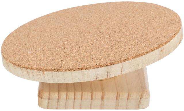 Holzplattform mit runder Korkoberfläche auf rechteckigem Sockel in hellem Holzton.
