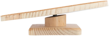 Holz-Ausgleichsplatte auf einem drehbaren Zylinder, geneigt, mit sichtbarer Maserung und Korkfläche.