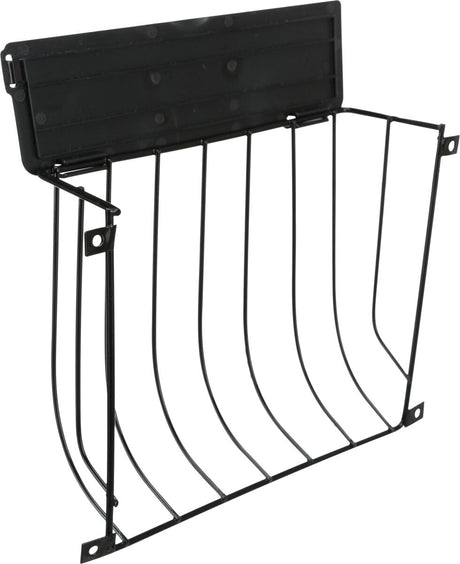 Schwarzes Gitter aus Metall mit einer oberen Abdeckung, vermutlich zur Befestigung an einer Wand.