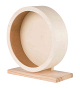 Rundes Holzobjekt mit offener Vorderseite auf einem rechteckigen Holzsockel, natürliche Holzfarbe.