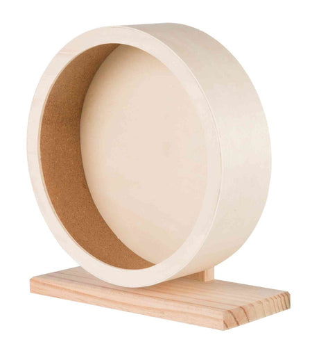 Rundes Holzobjekt mit offener Vorderseite auf einem rechteckigen Holzsockel, natürliche Holzfarbe.