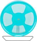 Ein großes, rundes, türkises Rad mit transparenten Einsätzen, montiert auf einem Metallgestell, "TRIXIE"-Logo sichtbar.