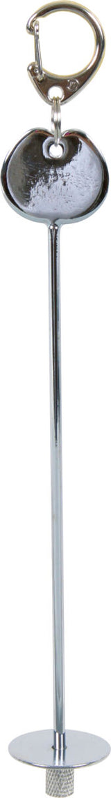 Metallischer Flaschenhalter mit langem Stab, ovalem Griff und Haken, glänzende silberne Oberfläche erkennbar.