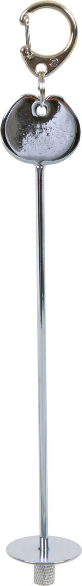 Metallischer Flaschenhalter mit langem Stab, ovalem Griff und Haken, glänzende silberne Oberfläche erkennbar.