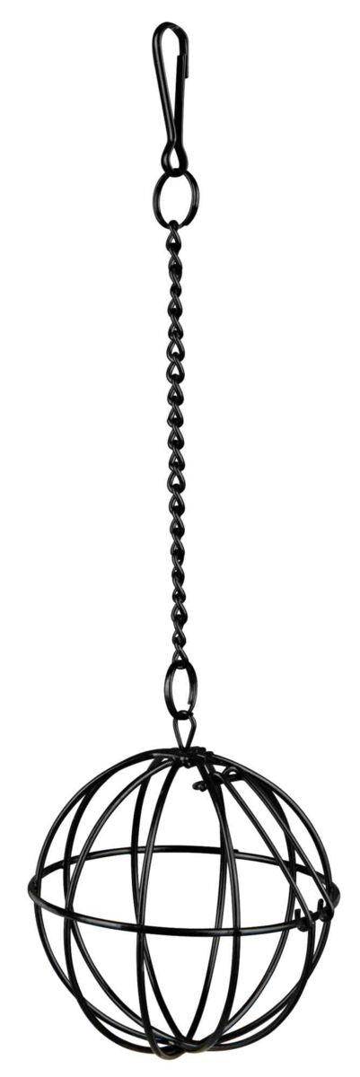 Schwarzer, kugelförmiger Metallkorb mit Kette und Haken zum Aufhängen.