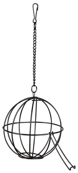 Schwarzes, kugelförmiges Metallgestell mit Haken und Kette, geeignet zum Aufhängen von Gegenständen.