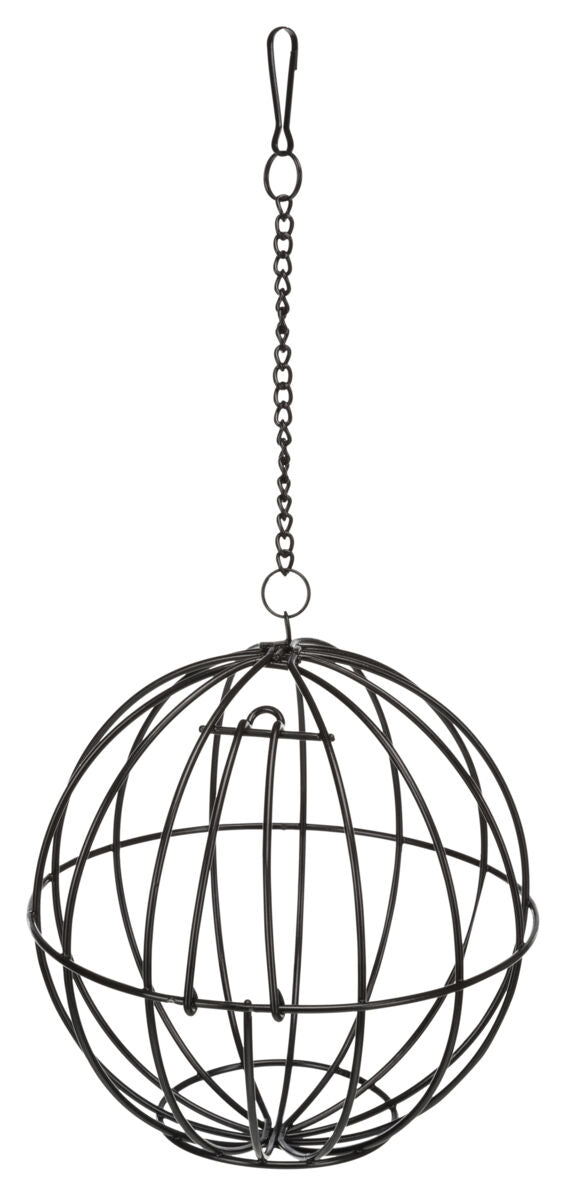 Schwarzes, kugelförmiges Drahtgestell an einer Kette mit Haken zum Aufhängen.