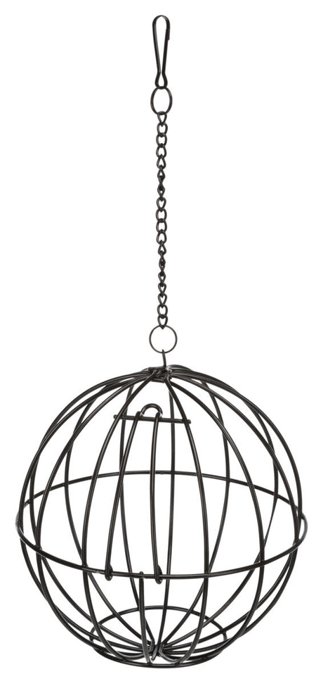 Schwarzes, kugelförmiges Drahtgestell an einer Kette mit Haken zum Aufhängen.