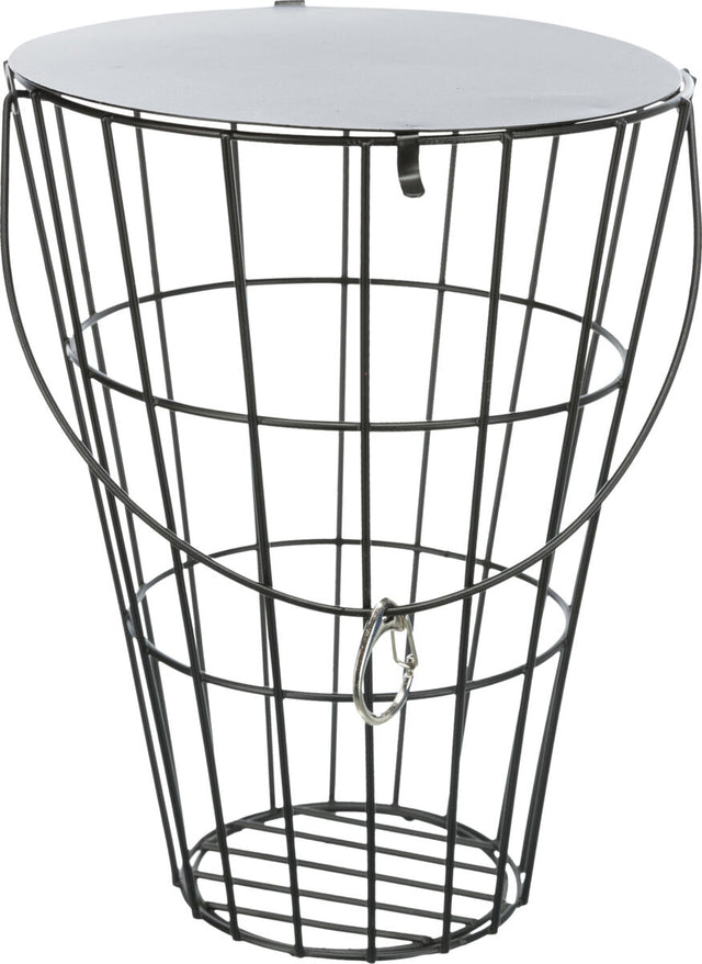 Schwarzer Drahtkorb mit flachem, rundem Deckel und einem Haken vorne, offene Gitterstruktur, Metalloptik.