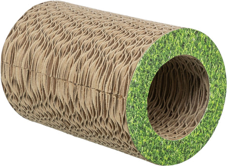 Zylinder aus brauner Wellpappe mit grünem Rand, der wie Gras aussieht.