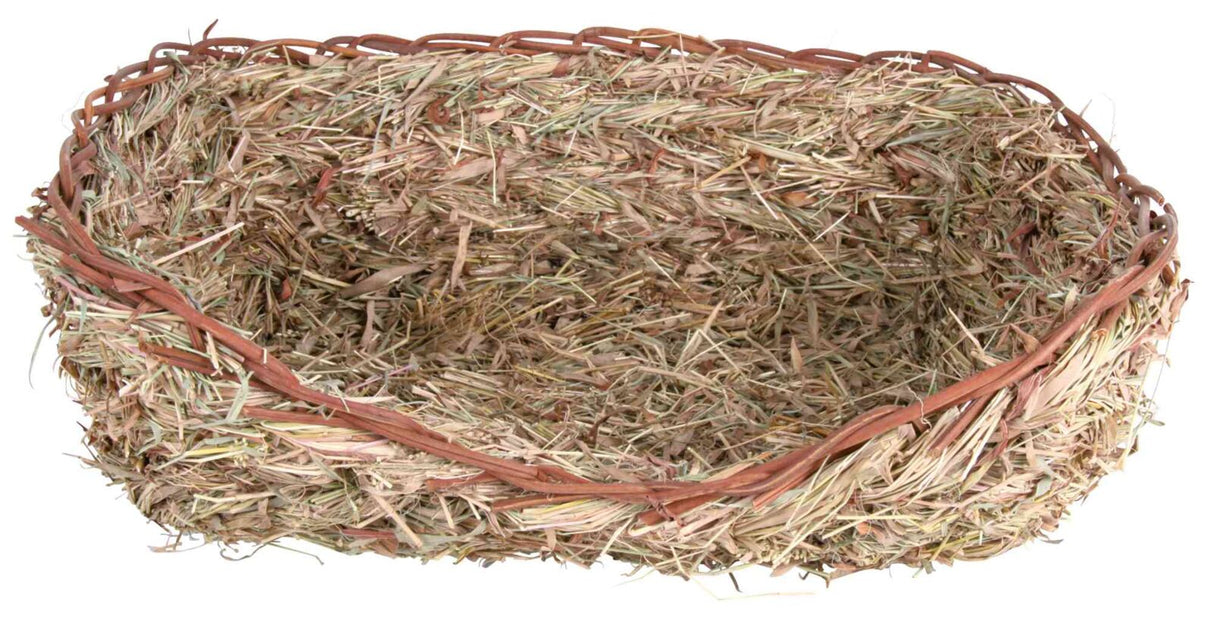 Geflochtener Korb aus Heu mit braunen Ranken, oval geformt, geeignet für dekorative Zwecke oder Lagerung.