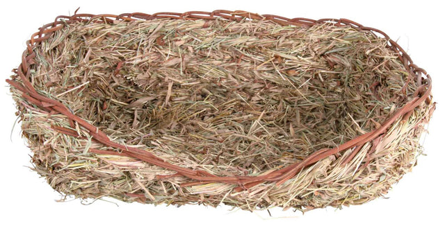 Geflochtener Korb aus Heu mit braunen Ranken, oval geformt, geeignet für dekorative Zwecke oder Lagerung.