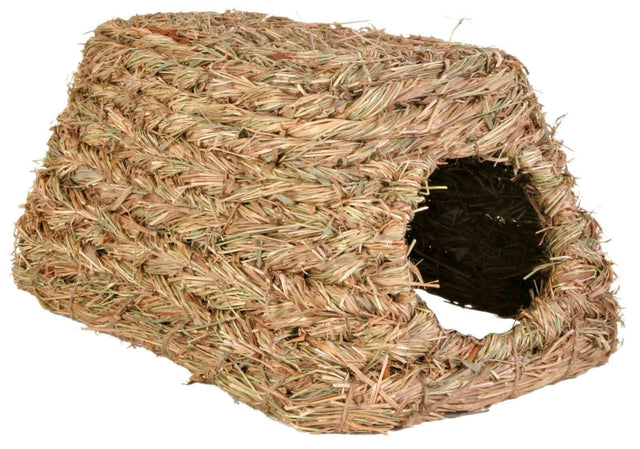 Geflochtene Höhle aus natürlichem Gras in Braun mit ovaler Öffnung.