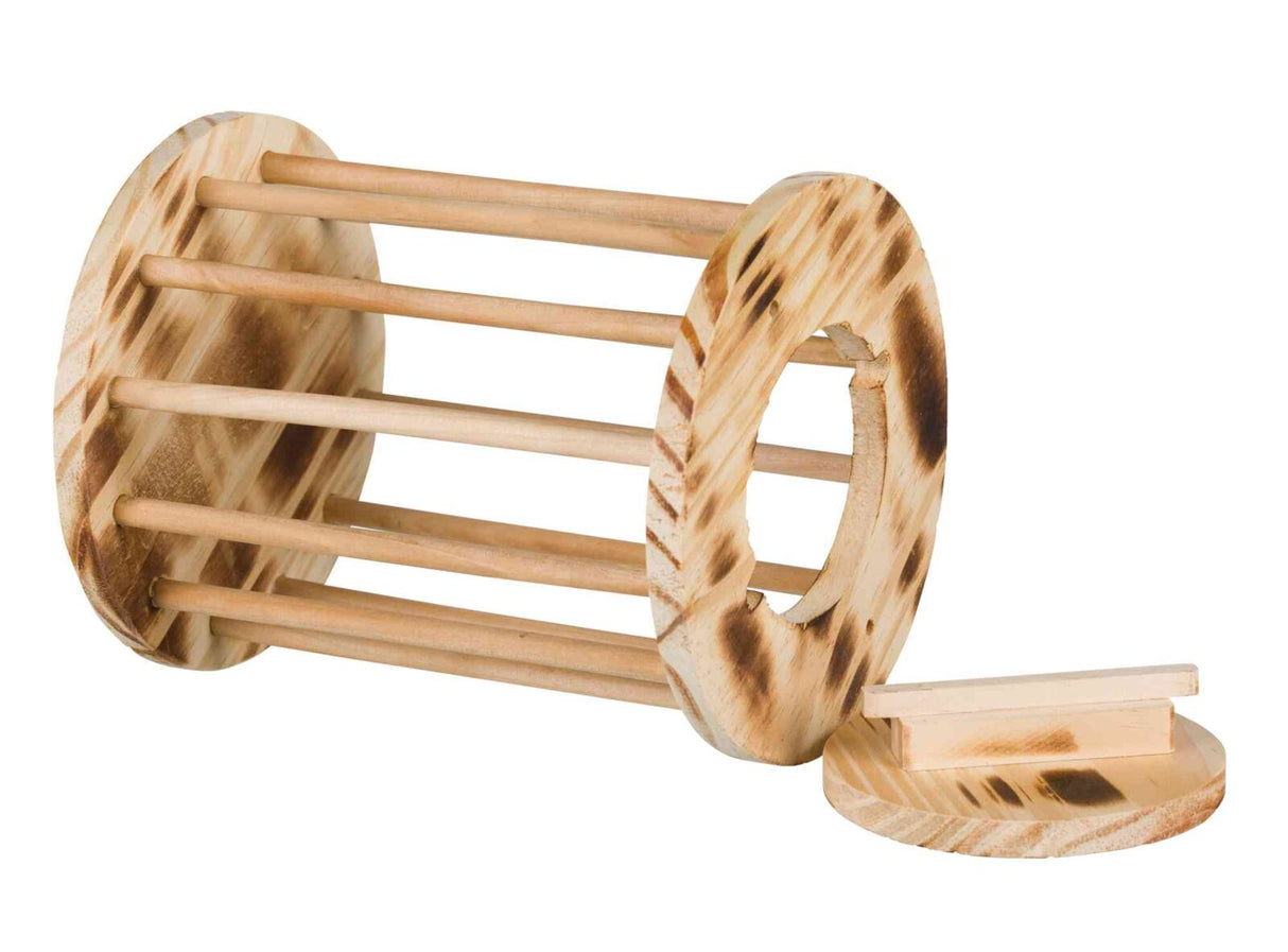 Holzspielzeug in Zylinderform mit mehreren Stäben und einer abnehmbaren Scheibe in Naturholzoptik.