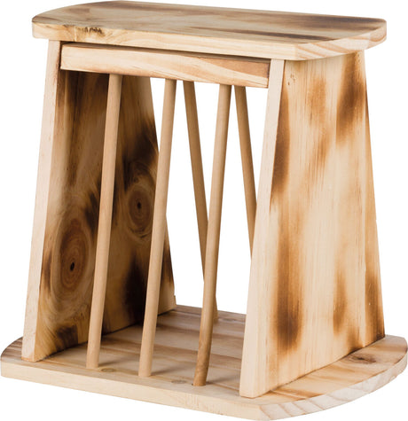 Holzständer mit ovaler Basis und abgerundeter Oberseite, Schrägstreben und natürlicher Maserung.