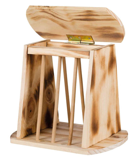 Holzgestell mit schwenkbarem Oberteil und mehreren senkrechten Holzstäben, naturbelassenes Holzdesign.