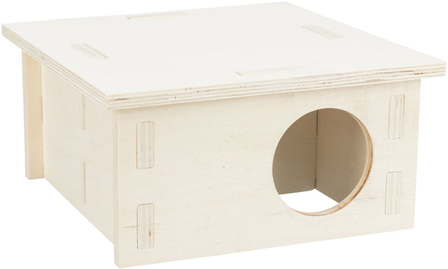 Holzfarbene rechteckige Box mit quadratischer Öffnung auf einer Seite, schlichtes Design, aus Holzplatten gefertigt.