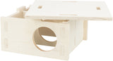 Holzobjekt mit offener, abnehmbarer Abdeckung und rundem Eingang auf einer Seite, beige Farbe.
