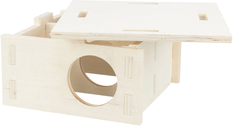 Holzobjekt mit offener, abnehmbarer Abdeckung und rundem Eingang auf einer Seite, beige Farbe.