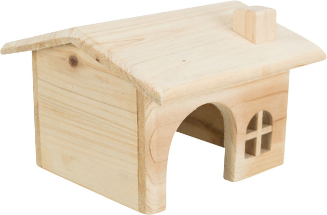 Holzhaus mit Schrägdach, rechteckiger Öffnung und kleinem Fenster mit Kreuzverstrebung, naturbelassen.