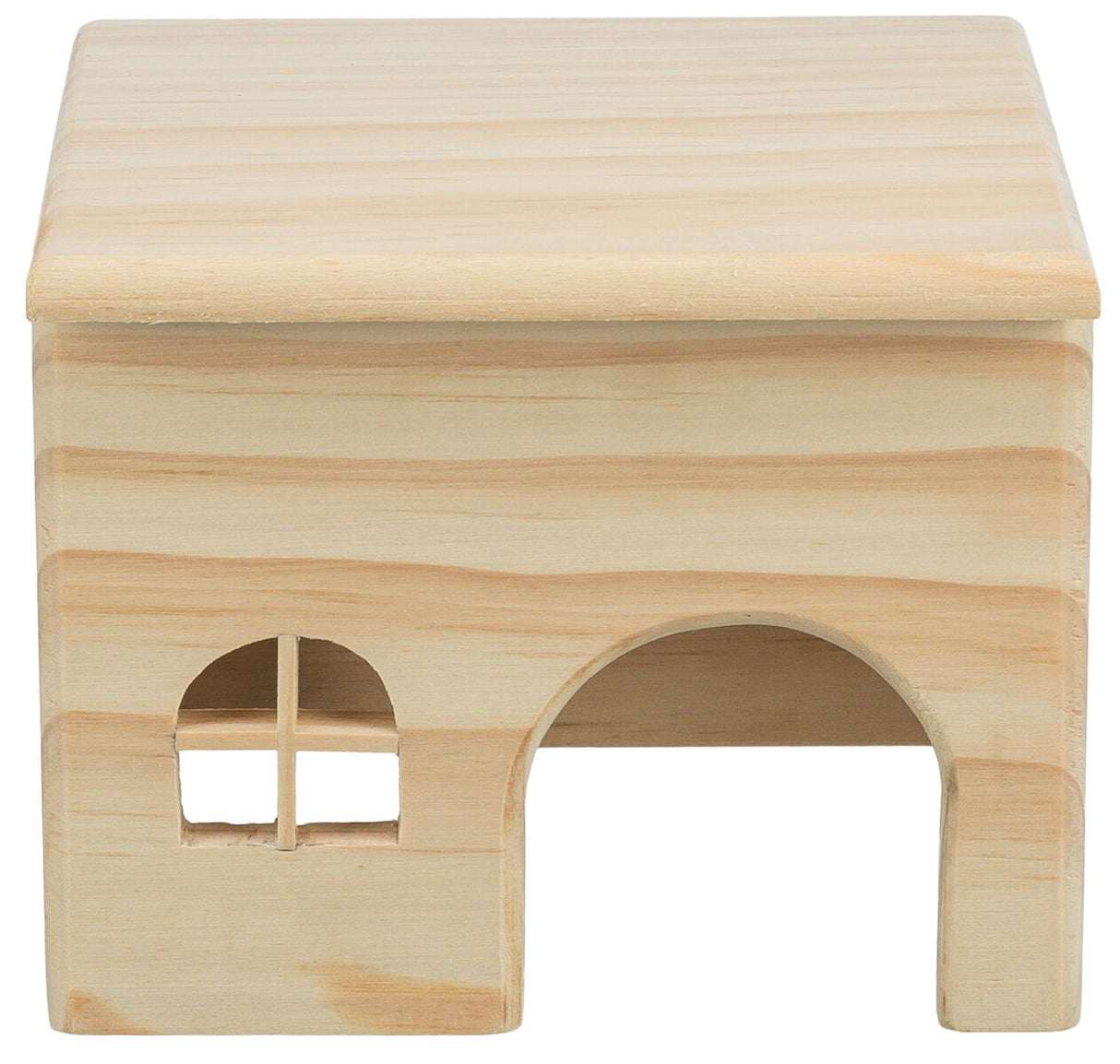 Holzhütte mit gewölbtem Eingang und quadratischem Fenster, helle Holzmaserung sichtbar, ohne sichtbare Tierbezüge.