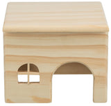 Holzhütte mit gewölbtem Eingang und quadratischem Fenster, helle Holzmaserung sichtbar, ohne sichtbare Tierbezüge.