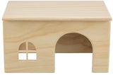 Rechteckiges Holzhäuschen mit einem Fenster und einem bogenförmigen Eingang, naturfarbene Holzoptik.