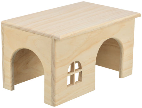 Holzstruktur mit zwei Bögen und einem Fenster, insgesamt rechteckige Form, hellbraunes Holz sichtbar.