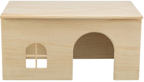 Holzkasten mit rechteckigem Fenster und rundem Eingang, natürliche Holzfarbe, schlichtes Design.