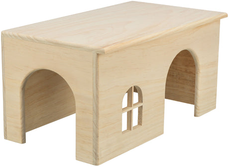 Holzhaus mit rechteckigem Dach, zwei runde Eingänge und einem quadratischen Fenster, naturbelassene Holzfarbe.