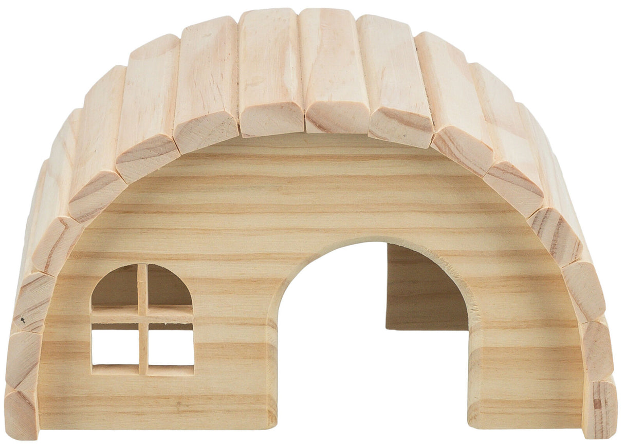 Kleine Holzhöhle mit gewölbtem Dach und einem seitlichen Fenster, naturbelassene Holzfarbe.